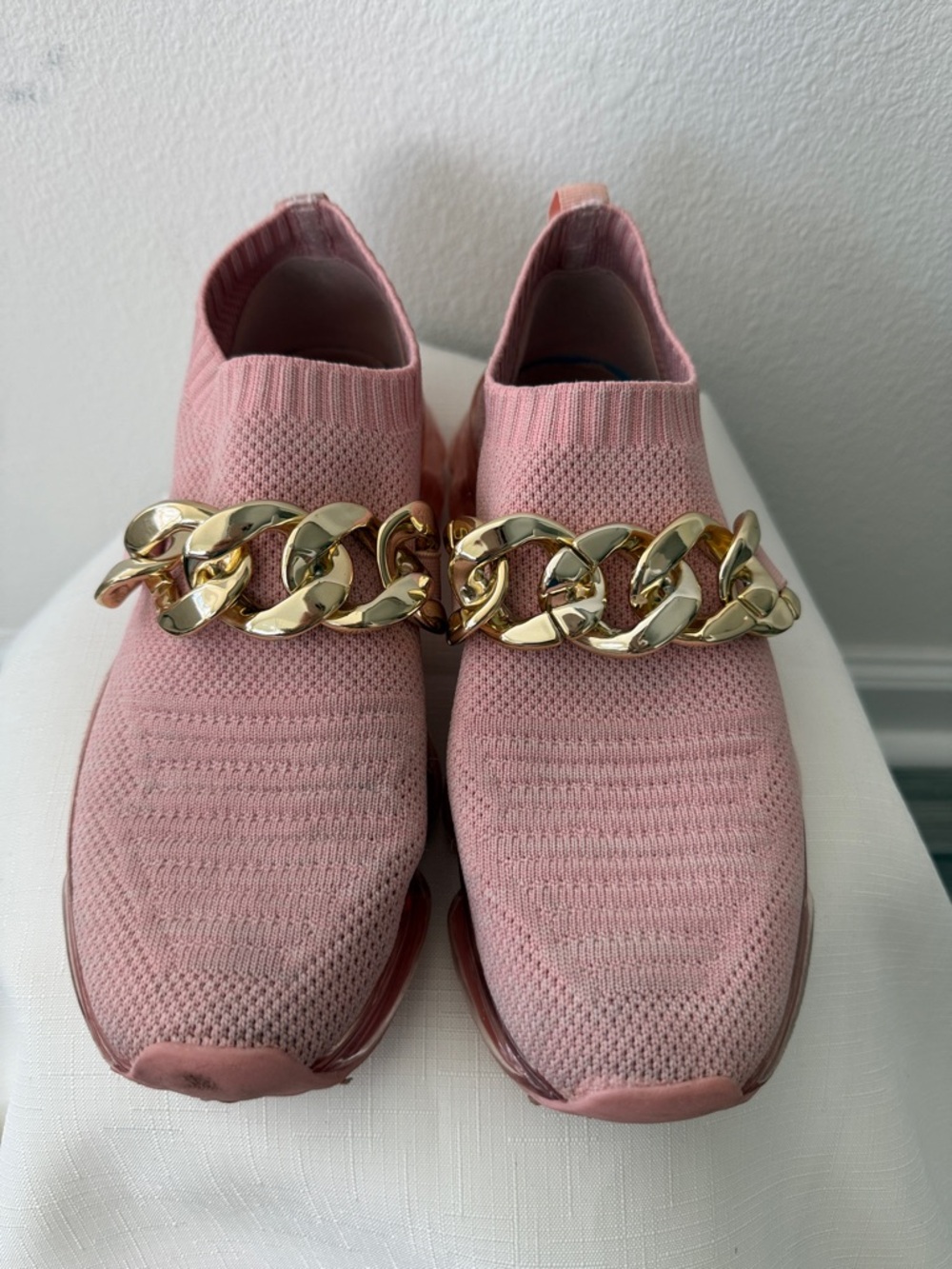 Women’s Pink Knit Slip-On Sneakers with Gold Chain Accent